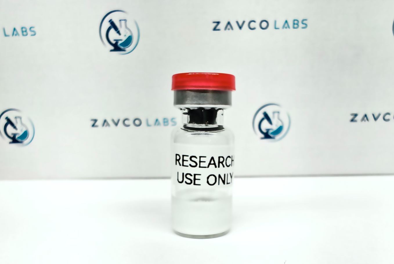 Research peptide vial on a laboratory bench
