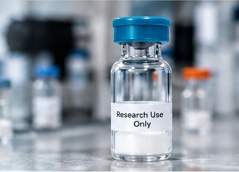Research peptide vial on a laboratory bench